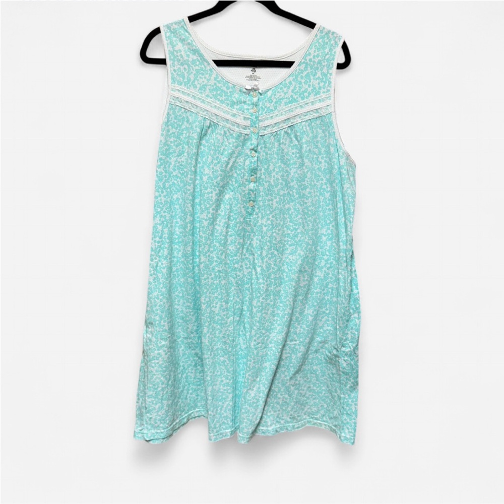 Laura Ashley Teal and White Cotton Nightgown with Buttons and Lace Details